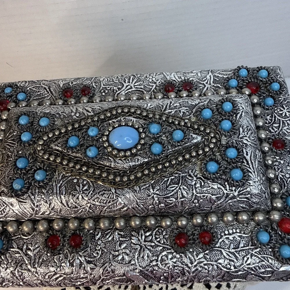 Vtg. 1970s Decorative Handmade Silver Tone Jewelry Box Turquoise Ruby Pearl Bead